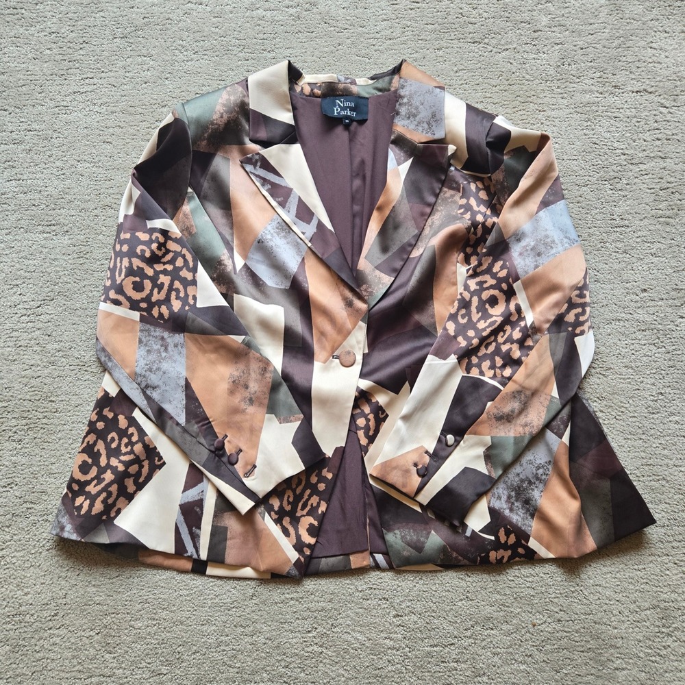 Nina Parker Women 3X Geometric Animal Print Blazer Brown Single Button Jacket